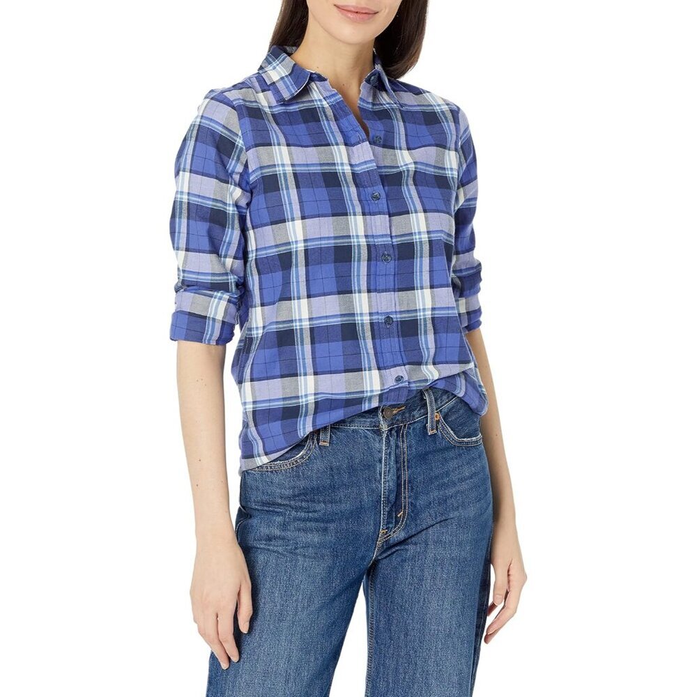 Women's Cotton Flannel Shirt Large Blue Grey Navy Regular Fit Casual Layering